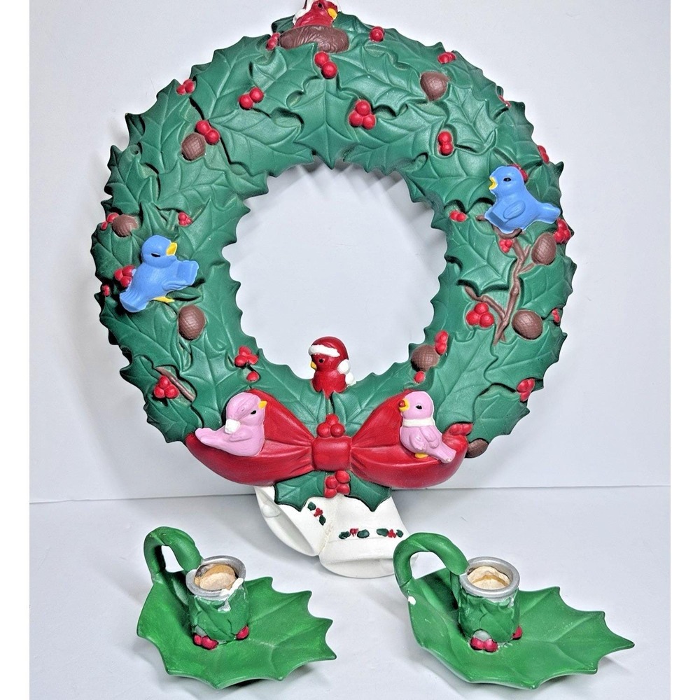Vintage Ceramic Light Up Christmas Wreath Matte Green w/ Gold Bow & Red Lights